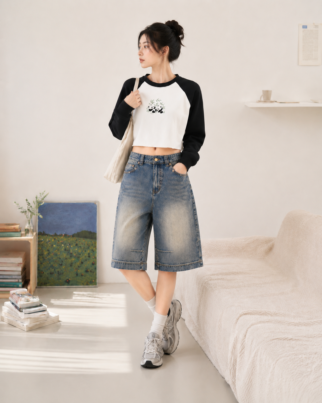 Raw-Hem Color-Block Raglan Crop Sweatshirt