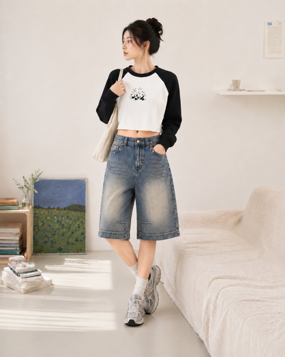 Raw-Hem Color-Block Raglan Crop Sweatshirt